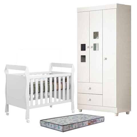 Berço Americano Soninho com Guarda Roupa Life Branco Acetinado Colchão Americano Sleep - Tigus
