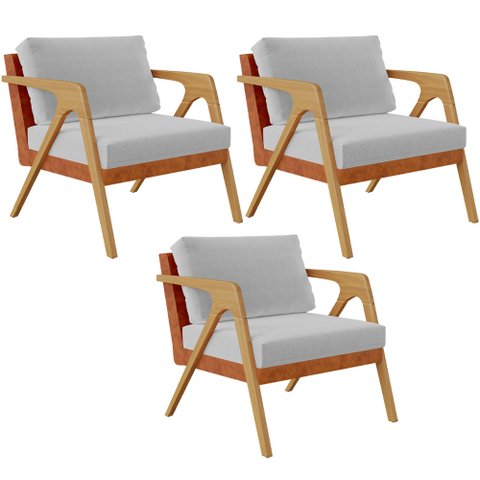 Kit 03 Poltronas Decorativas Sala Estar Pietra L02 Couríssimo Camel Linho Cinza - Lyam Decor
