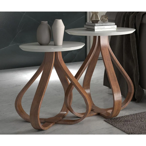 Mesa de Canto Pé Cebola 2 Mesas Tampo Laqueado com Vidro 50cm Off Gustavo Decor