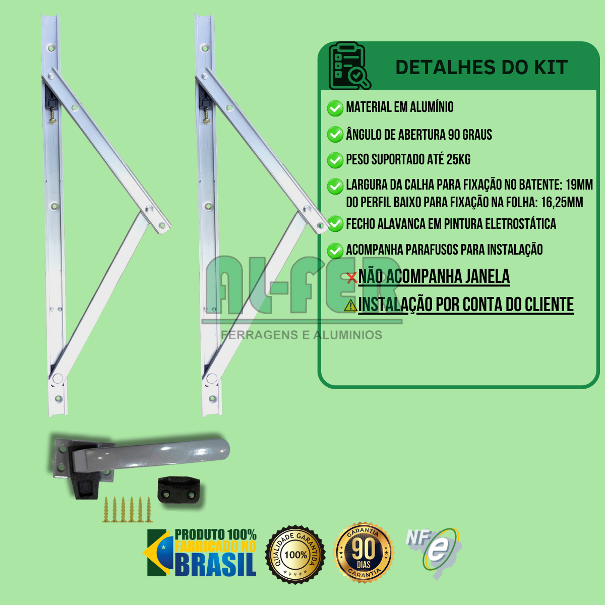 Kit Janela Maxim-ar Braço 40cm + Fecho Alavanca Madeira e Alumínio - 2