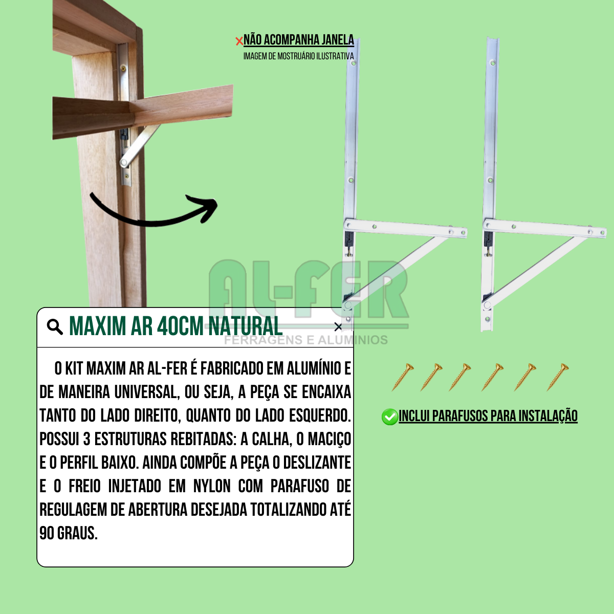 Kit Janela Maxim-ar Braço 40cm + Fecho Alavanca Madeira e Alumínio - 4