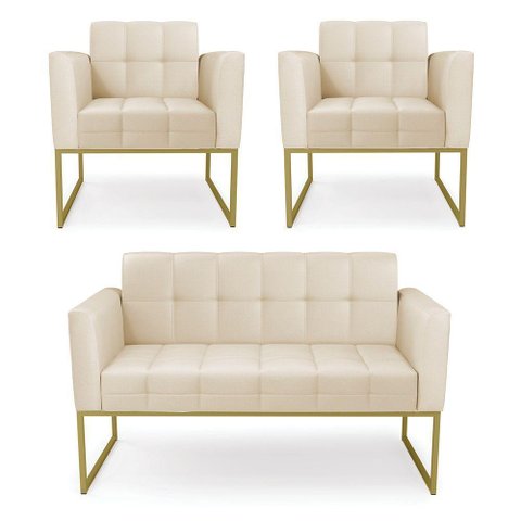 Kit 1 Sofá Namoradeira e 2 Poltronas Elisa Corino Base Metálica Industrial Dourado - D'Rossi Cor