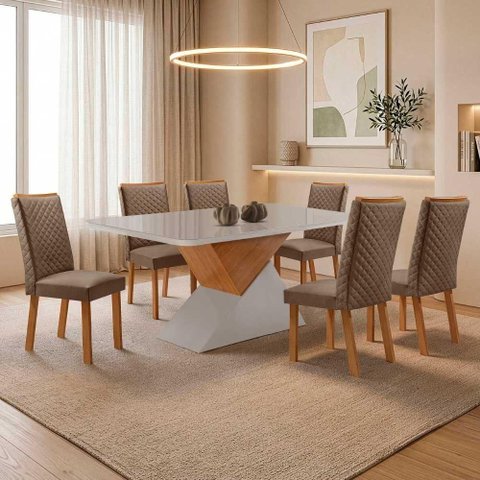 Mesa Aster 6 Lugares MDF Vidro Serigrafado Cadeiras Lira Veludo Off White Moderna
