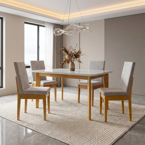 Conjunto Sala de Jantar Siera 4 Lugares Vidro Retangular Madeira Maciça Dakota