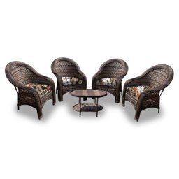 Conjunto de Poltronas Fibra Sintética karibe - 4 Poltronas + 1 Mesa Centro - Tecido Revieira Marrom - 1