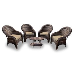 Conjunto de Poltronas Fibra Sintética Karibe - 4 Poltronas + 1 Mesa Centro - Tecido Duna Deserto - 1