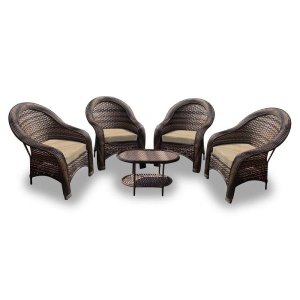Conjunto de Poltronas Fibra Sintética Karibe - 4 Poltronas + 1 Mesa Centro - Tecido Duna Deserto