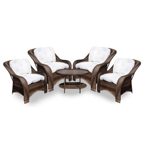 Conjunto de Poltronas Fibra Sintética Melo - 4 Poltronas + 1 Mesa Centro - Tecido Duna Cru