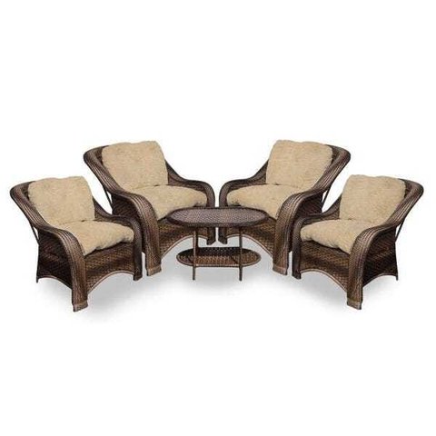 Conjunto de Poltronas Fibra Sintética Melo - 4 Poltronas + 1 Mesa Centro - Tecido Duna Deserto