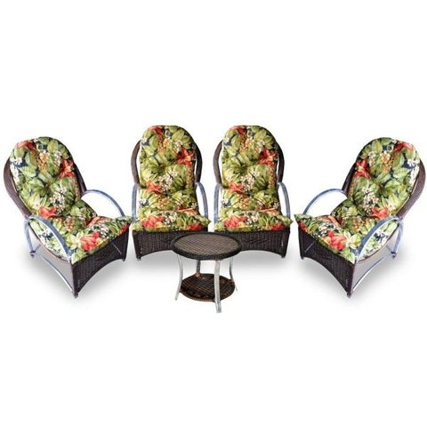 Conjunto de Poltronas Fibra Sintética Pequim Alumínio - 4 Poltronas + 1 Mesa Centro - Tecido Saquare