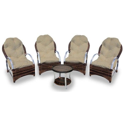 Conjunto de Poltronas Fibra Sintética Pequim Alumínio - 4 Poltronas + 1 Mesa Centro - Tecido Duna De