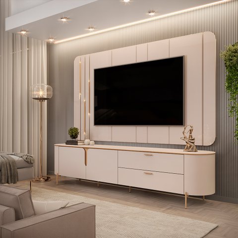 Painel com Bancada 241cm Avatar com Led e Detalhes Dourados para Tv até 75 G18 - Gran Belo