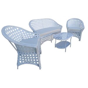 Conjunto de Sofá Fibra Sintética Branca Bali Trançado - 1 Sofá 2L + 2 Poltronas + 1 Mesa de Centro -