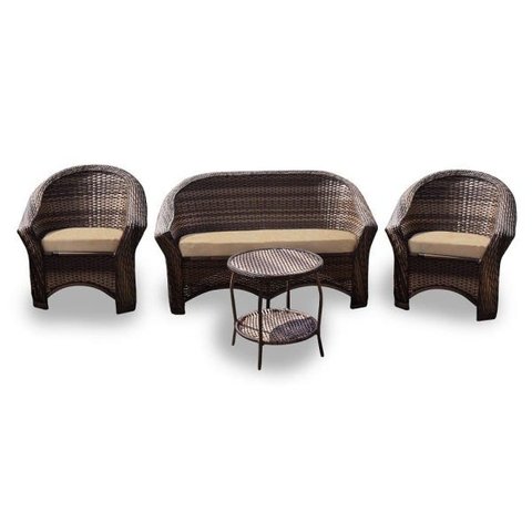 Conjunto de Sofá Fibra Sintética Bali - 1 Sofá 2L + 2 Poltronas + 1 Mesa Centro - Tecido Duna Desert