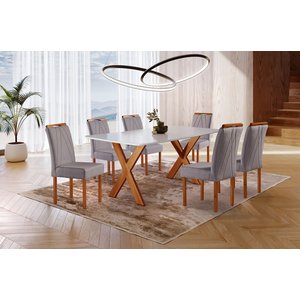 Conjunto Sala de Jantar 6 Lugares Vitória 1.60m Mesa e Cadeiras Madeira Maciça Suede Cinza