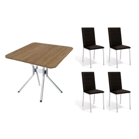 Conjunto: Mesa de Cozinha Loire C/ Tampo de Madeira 90cm + 4 Cadeiras Amsterdã Cromada - Corano