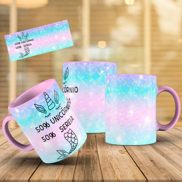 Caneca - 50% unicórnio 50% sereia (com interior e alça rosa) - 1