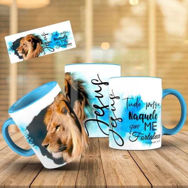 Caneca - Tudo posso naquele que me fortalece (com interior e alça azul) - 1