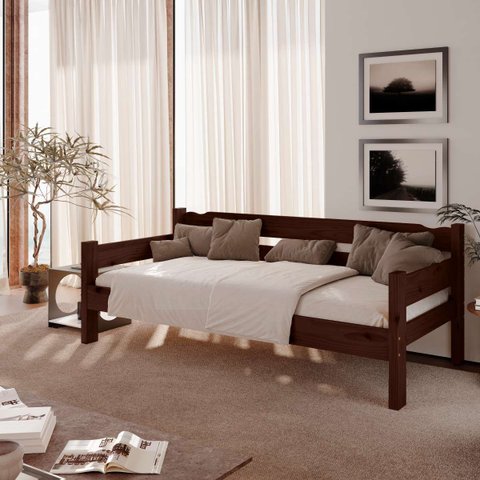 Sofa Cama de Madeira Maciça Cor Castanho