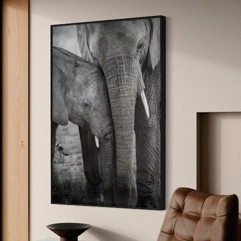 Quadro Decorativo Família Elefante em Moldura Caixa Tacolado Moldura Trad 1cm Madeira Escura sem Vid