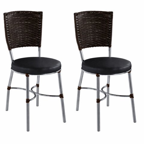 Conjunto com 2 Cadeiras de Jantar em Junco Sintético com Assento Estofado e Base Preto/Cromado