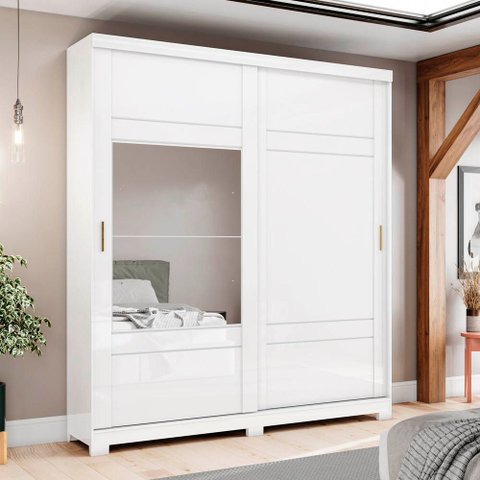 Guarda-roupa 200cm com Espelho 2 Portas de Correr 3 Gavetas Verg Henn - Branco