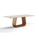 Ver imagem 1 de Mesa de Jantar 6 Lugares Tampo com Vidro Off White Base Madeira Jequitibá Amêndoa