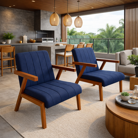 Conjunto 2 Poltronas Serena Linho Premium para Sala de Estar Recepção Sala de Espera Madeira:azul