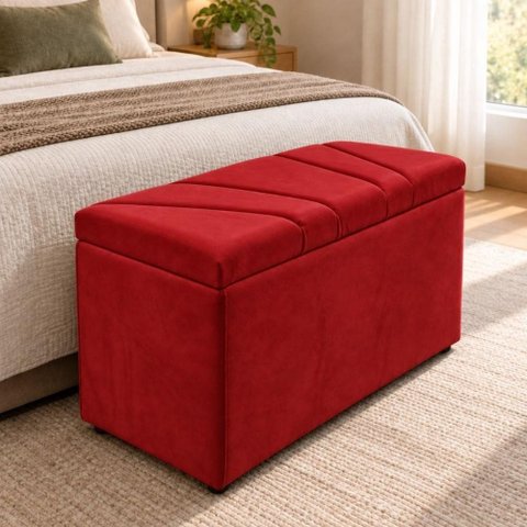 Calcadeira Recamier Baú Estofada 100cm para Cama Solteiro Suede Vermelho