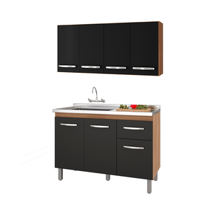Kit Balcão Pia para Cozinha com Armário Aéreo 120cm Savana Preto Moblis