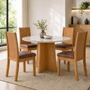 Ver imagem 1 de Conjunto Sala de Jantar 4 Lugares Redonda Tampo Vidro/MDF Mesa Celebrare e Cadeiras Athenas Marrom Amêndoa Clean/Off White/Couro Morano Avelã