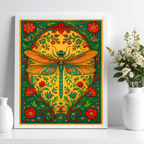 Quadro Libélula Boho Floral Farm 45x34cm:moldura Branca