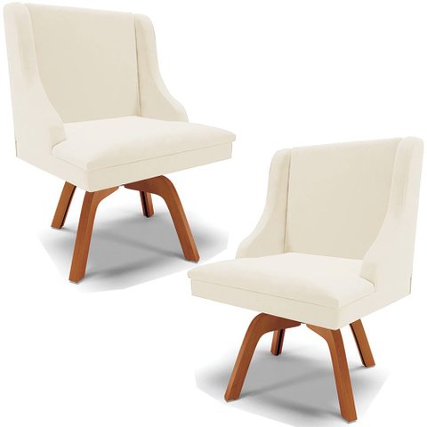 Kit 2 Cadeiras Decorativas Sala de Jantar Base Giratória de Madeira Firenze Veludo Bege/Natural G19 
