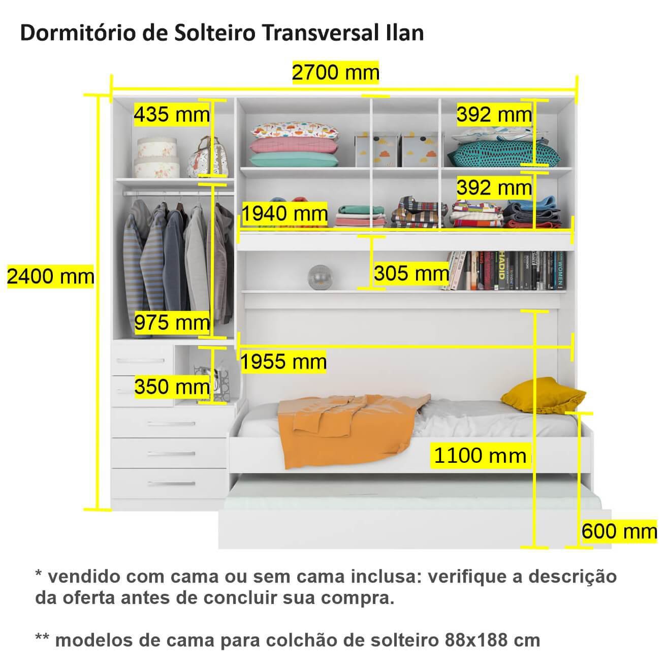 Dormitório de Solteiro Transversal sem Cama 1326s Direito Castanho - 3