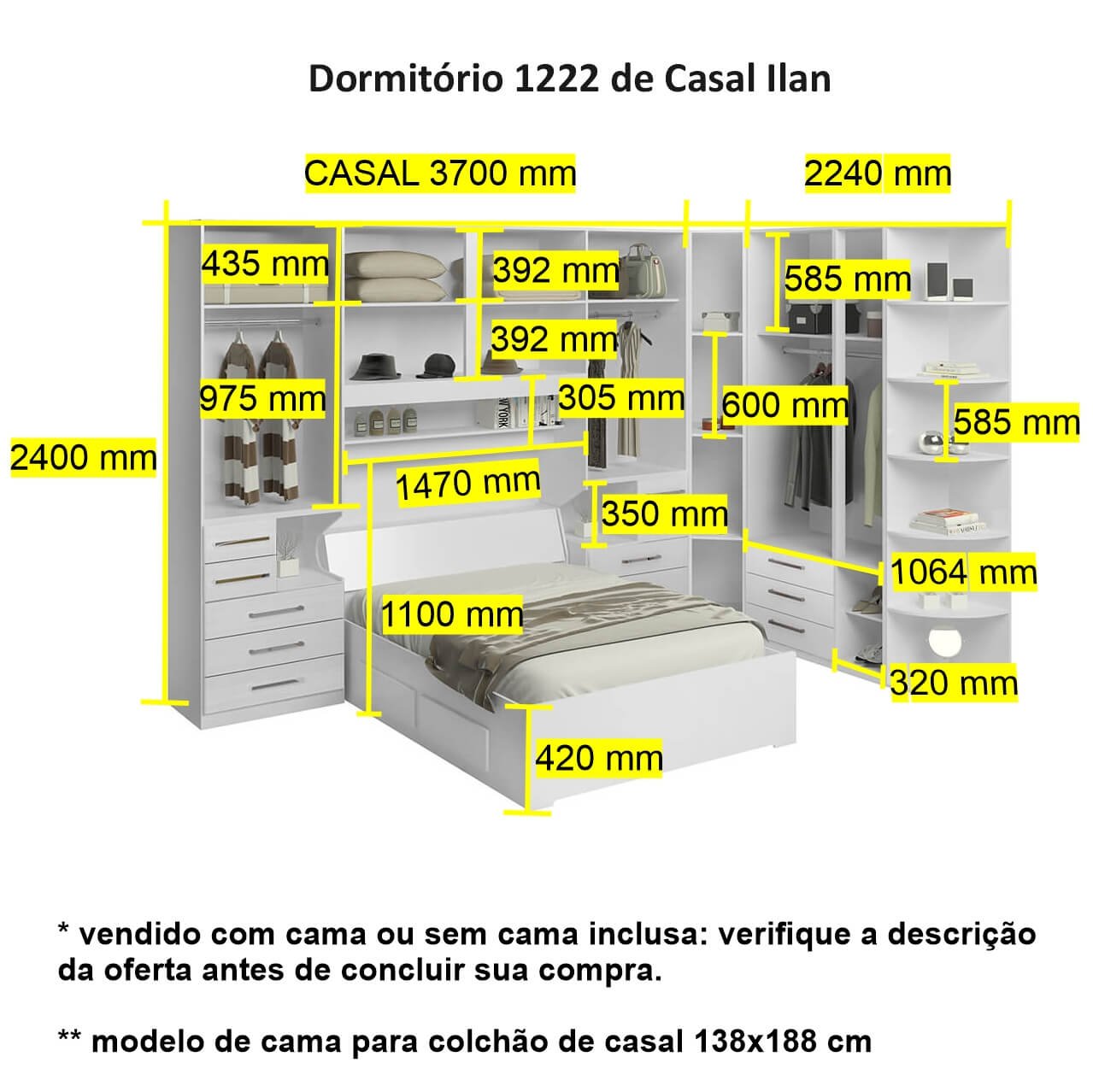 Dormitório de Casal sem Cama 1222s Carvalho Claro - 3