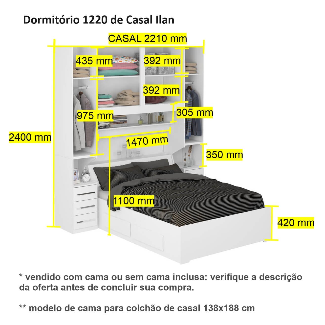 Dormitório De Casal Sem Cama 1220S Carvalho Claro - 3