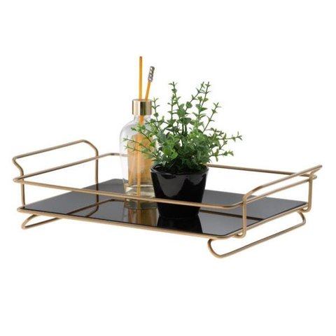 Bandeja Aramada dourada com Vidro lapidado 4mm preto