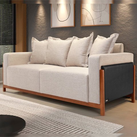 Sofá 03 Lugares para Sala de Estar 178 cm Khali B04 Linho Bege Couríssimo Preto - Lyam Decor