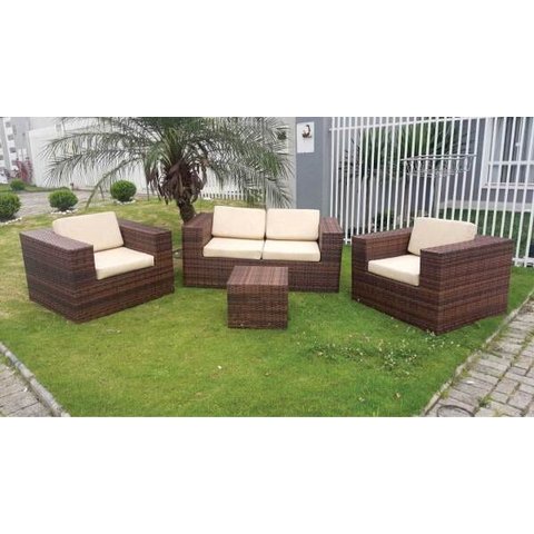 Conjunto de Sofá Fibra Sintética Quadrado Aço - 1 Sofá 2L + 2 Poltronas + 1 Mesa Centro - Tecido Dun