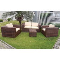 Conjunto de Sofá Fibra Sintética Quadrado Aço - 1 Sofá 2L + 2 Poltronas + 1 Mesa Centro - Tecido Dun - 2