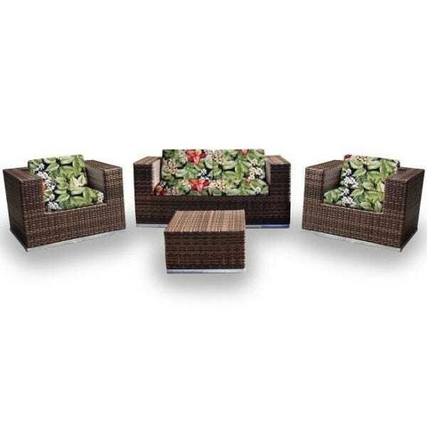 Conjunto de Sofá Fibra Sintética Quadrado - 1 Sofá 2L + 2 Poltronas + 1 Mesa Centro - Tecido Saquare