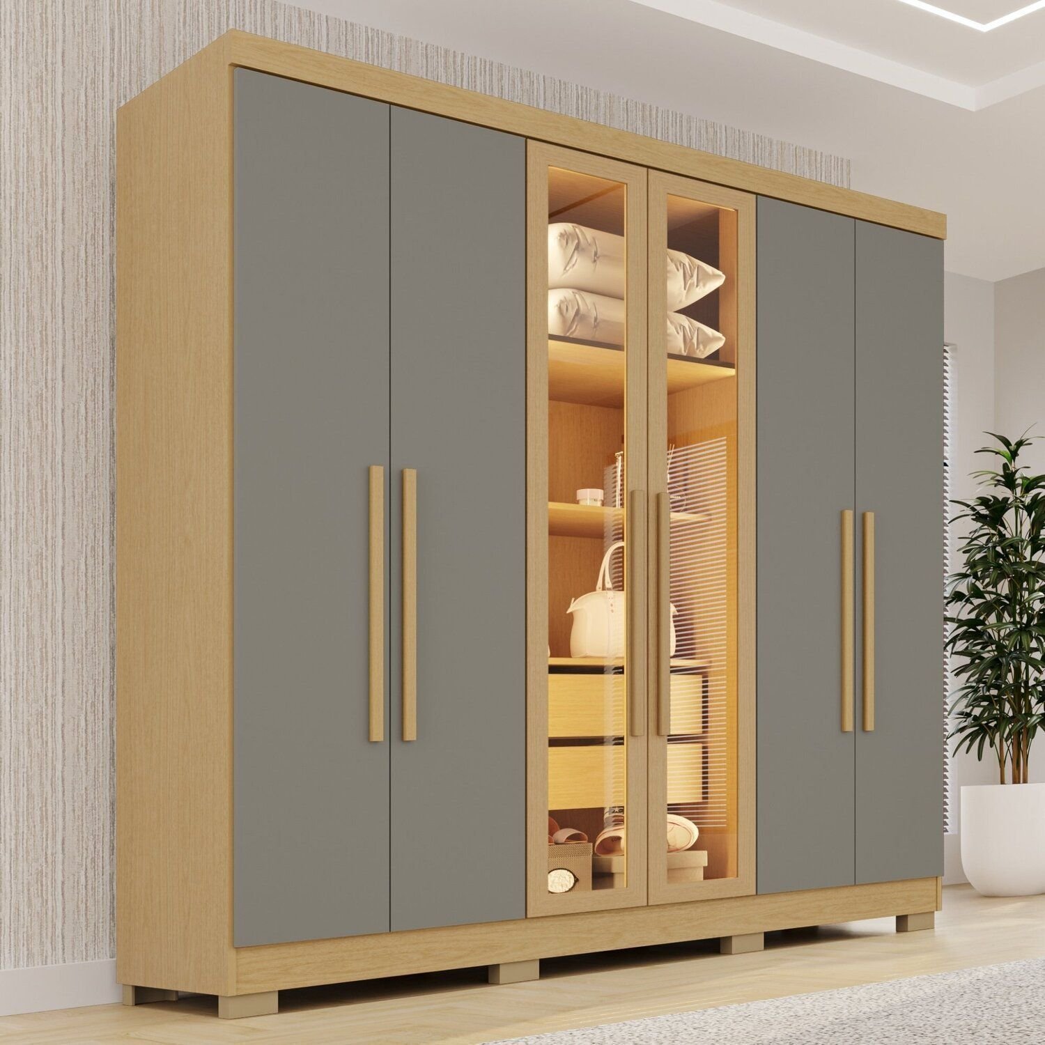 Guarda-Roupa Casal Reflecta com LED 06 Portas 02 Gavetas França