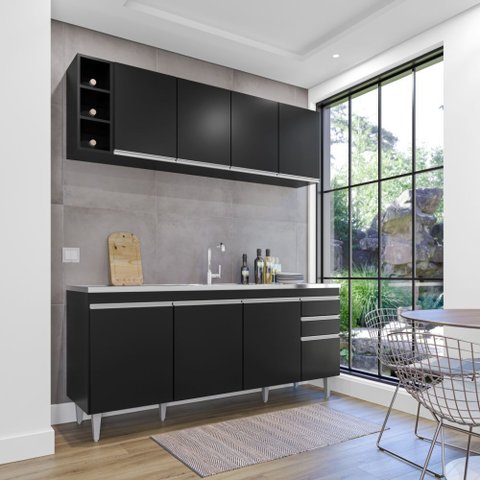 Cozinha Compacta Ágatha 180cm 8 Portas 2 Gavetas Preto Maderatto Móveis