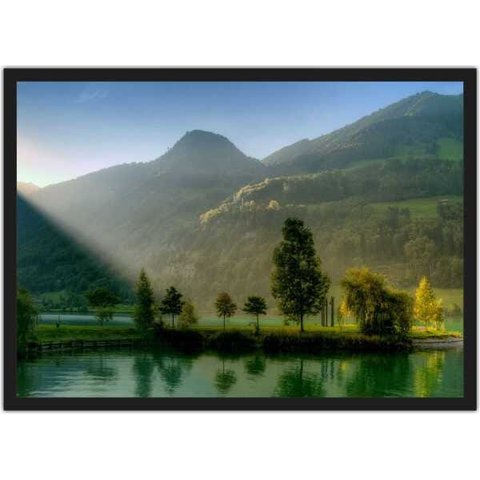 Quadro Decorativo Árvores Montanhas Lago Tons Verdes Paisagem Natureza Com Moldura