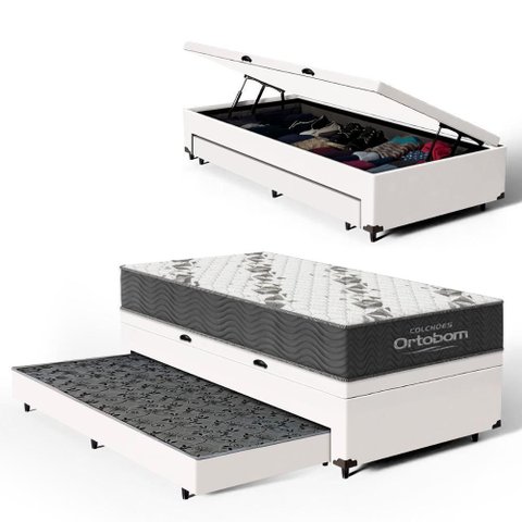 Cama Box Baú com Colchão de Espuma D33 Ortobom Airtech 100 + Auxiliar Unique Solteiro 88cm