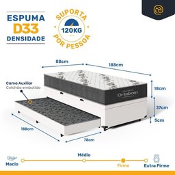 Cama Box Baú com Colchão de Espuma D33 Ortobom Airtech 100 + Auxiliar Unique Solteiro 88cm - 3