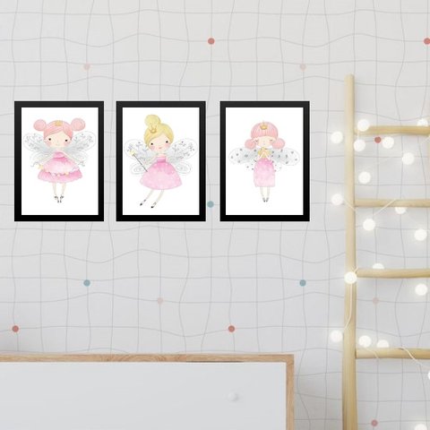 Kit 3 Quadros Infantis Fadinhas Princesas 33x24cm - com Vidro:madeira Branca