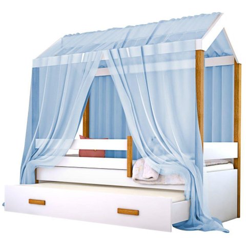 Cama Montessori Cabana Com Auxiliar Colchão E Dossel Azul