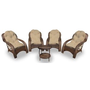 Conjunto de Poltronas Fibra Sintética Espreguiçadeira - 4 Poltronas + 1 Mesa Centro - Tecido Duna De