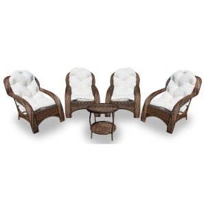Conjunto de Poltronas Fibra Sintética Espreguiçadeira - 4 Poltronas + 1 Mesa Centro - Tecido Duna Cr